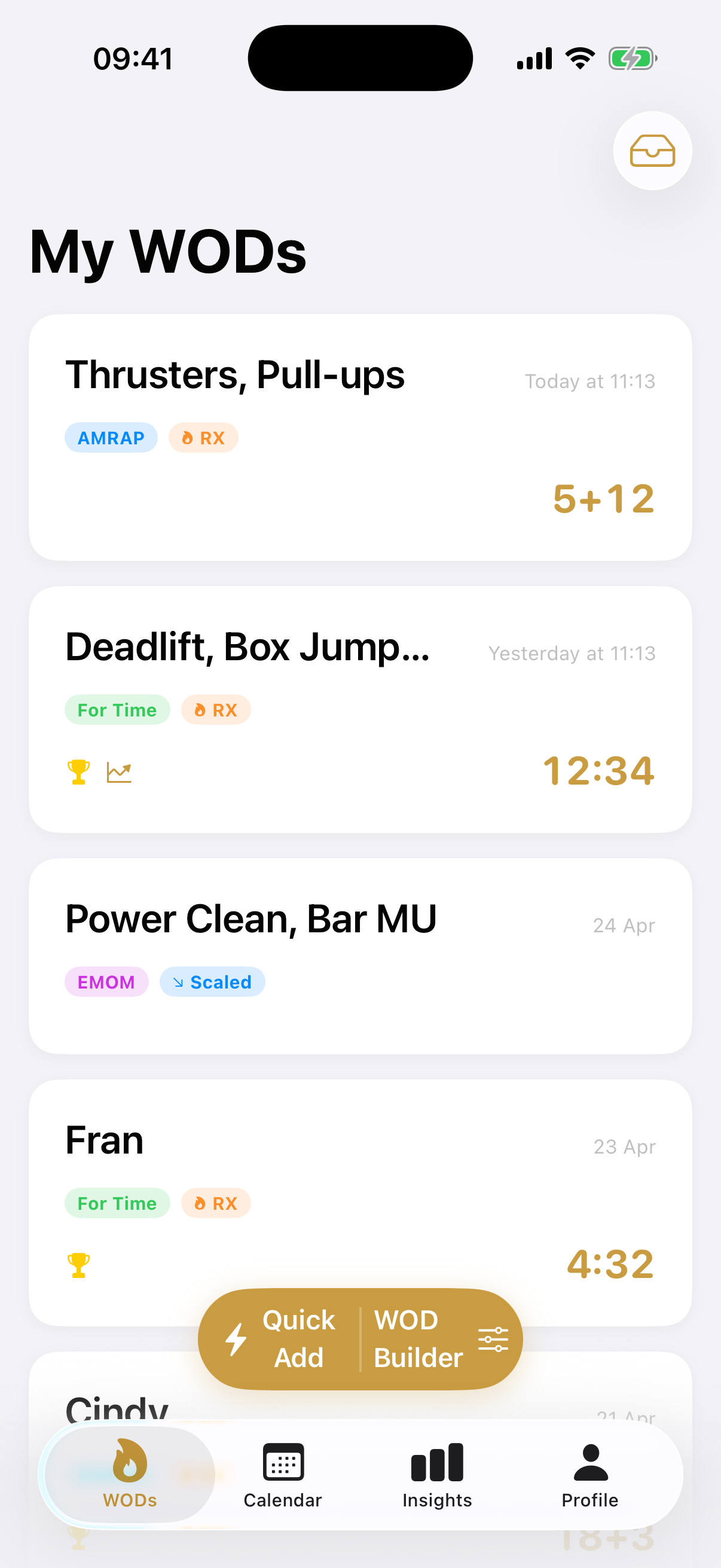 WOD list showing recent logged workouts with scores and RX badges
